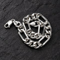Polished alternating elongated rectangular links and shorter rounded curb links, lobster clasp. On a charcoal background