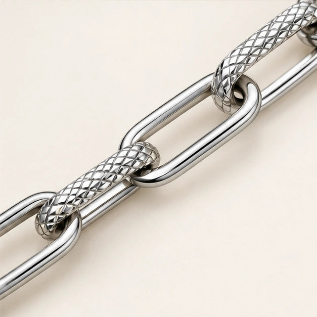 Alternating open and textured elongated links bracelet in a close-up of visible links